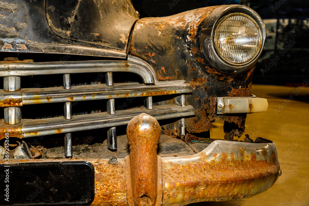 Poster old rusty retro car of black color.