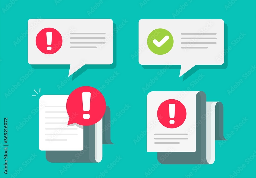 Poster caution and check mark notices important notifications text push messages on bubble icons and docume