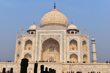 Fototapeta na wymiar Agra, Uttar Pradesh, India, January 2020, Front view of Taj Mahal, from Great Gate