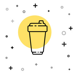 Black line Fitness shaker icon isolated on white background. Sports shaker bottle with lid for water and protein cocktails. Random dynamic shapes. Vector Illustration.