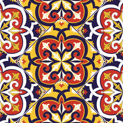 Italian tile pattern vector seamless with parquet ornament. Italian Sicily majolica, Spanish ceramic, Portuguese azulejos, Mexican talavera. Vintage background for kitchen wall or bathroom floor.