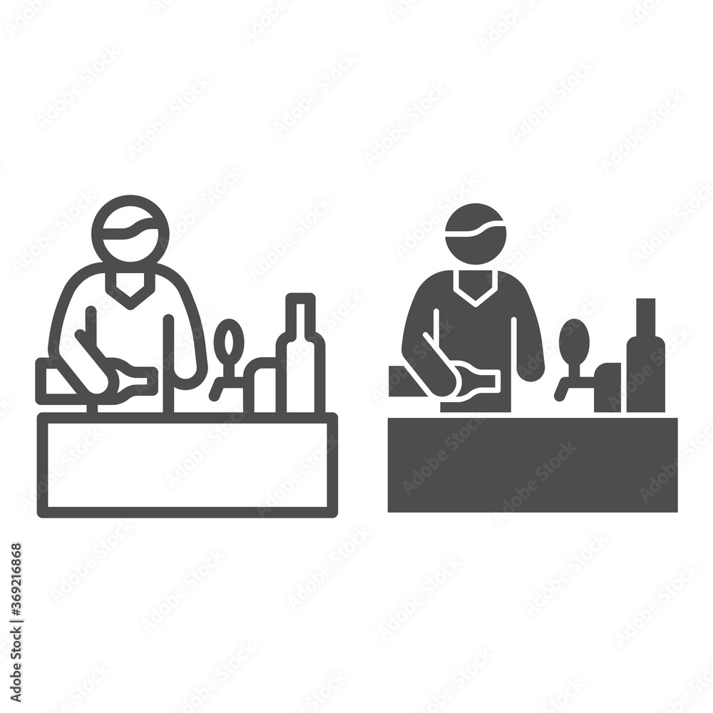 Poster bartender at bar table line and solid icon, craft beer concept, barman sign on white background, bar