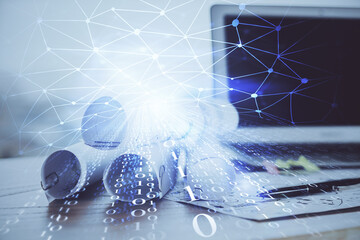 Technology theme drawing and table with computer. Double exposure. Concept of information.