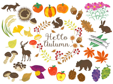 秋のイメージ、野菜や果物や動物などのイラスト素材