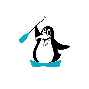 vector illustrations of penguin animal characters on board and carrying a paddle