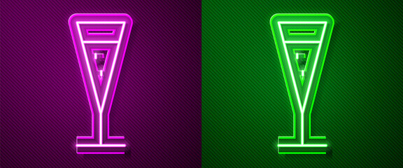 Glowing neon line Glass of champagne icon isolated on purple and green background. Vector Illustration.