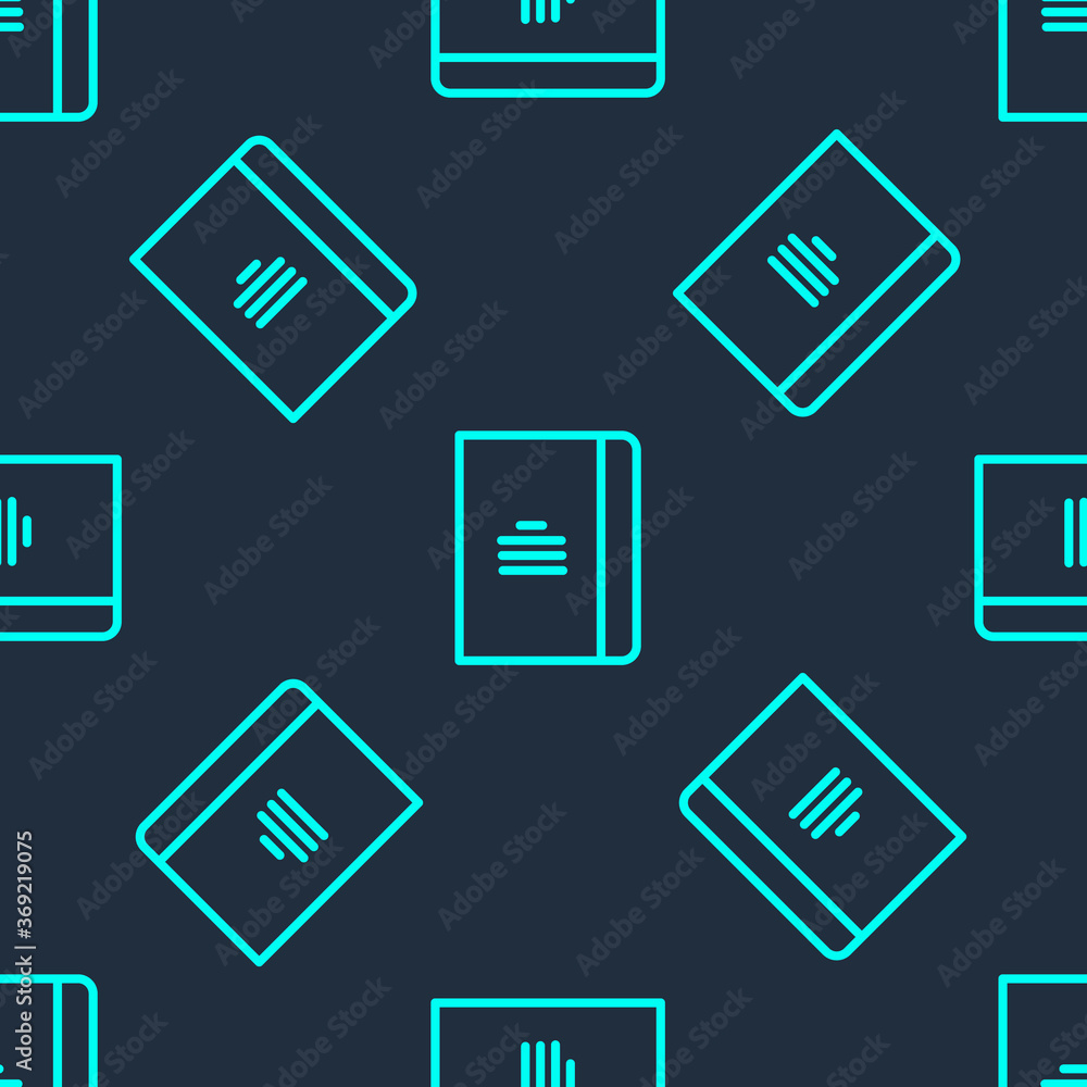 Poster green line notebook icon isolated seamless pattern on blue background. spiral notepad icon. school n