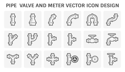 Pipe icon and flange fitting. Include control valve and pressure gauge. For pipeline construction and transportation liquid or gas i.e. oil, natural gas. Also for sewage, plumbing and irrigation.