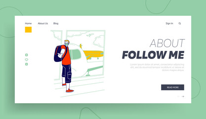 Social Media Blogging Landing Page Template. Man in Mask Stand in Airport with Airplanes Making Follow Me Gesture