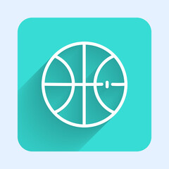 White line Basketball ball icon isolated with long shadow. Sport symbol. Green square button. Vector Illustration.
