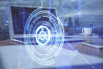 Double exposure of computer and technology theme hologram. Concept of freelance work.