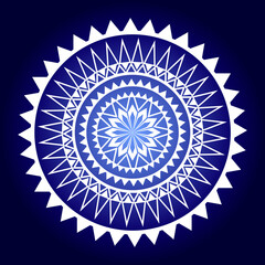 White mandala on radial gradient blue background. Round pattern, floral ornament. Beautiful symmetrical element. Antistress, relaxation