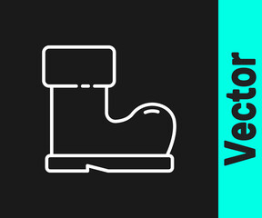 White line Waterproof rubber boot icon isolated on black background. Gumboots for rainy weather, fishing, gardening. Vector Illustration.