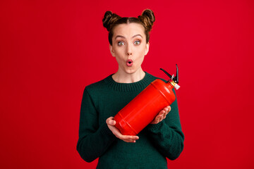 Close-up portrait of her she nice attractive pretty funky cheery girlish girl holding in hands fire...