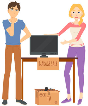 Man Thinking About Buying Tv, Woman Seller Showing Television. Second Retail Of Goods, Remote In Case, Garage Sale, Plasma On Table, Shopping Vector