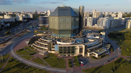 National Library of the Republic of Belarus. A glass building in the shape of a diamond. Panorama of the city. View from above