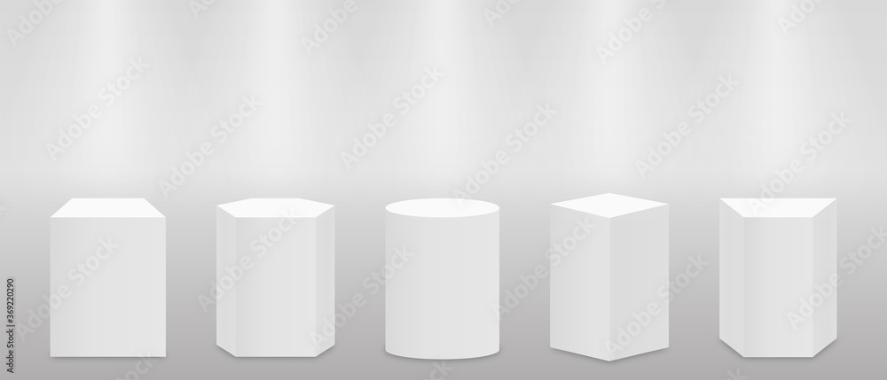 Poster 3d pedestal or podium mockup in pillar shapes. set of empty stage or pedestal mockups isolated on wh