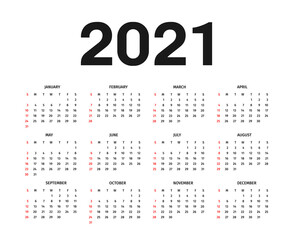 Calendar 2021 template. Calendar template in black and white colors, holidays in red colors