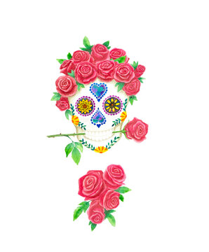 Skull and Roses flower crown, watercolor illustration, day of the dead