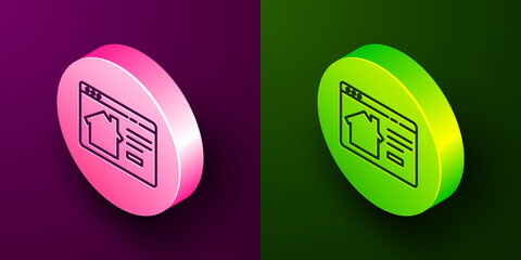 Isometric line Online real estate house in browser icon isolated on purple and green background. Home loan concept, rent, buy, buying a property. Circle button. Vector Illustration.