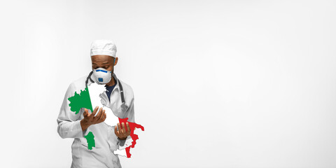 Beautiful african-american doctor cares about Italy isolated over white studio background. Copyspace. Concept of healthcare and medicine, taking care, treatment, diagnostics during coronavirus