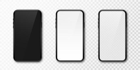 Realistic phone mockup. Set of modern phones with blank, black and transparent display. Smartphone design mockup in front view. Presentation and infographic templates. Vector