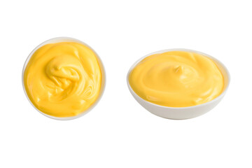 Cheese sauce in white plate on white background. - obrazy, fototapety, plakaty