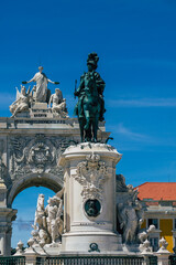 View of a monument in the downtown area of Lisbon, the hilly coastal capital city of Portugal and...