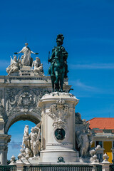 Obraz premium View of a monument in the downtown area of Lisbon, the hilly coastal capital city of Portugal and one of the oldest cities in Europe