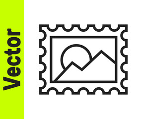 Black line Postal stamp icon isolated on white background. Vector Illustration.