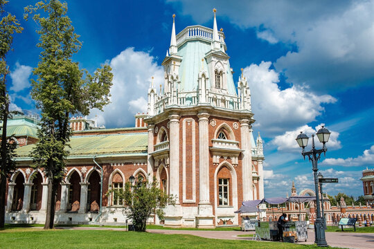 Russia, Moscow, August 3, 2020. The Grand Palace in the Tsaritsyno Estate. One of the main tourist attractions in Moscow. A beautiful view on a sunny day in summer.