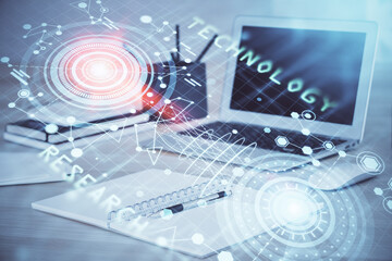 Double exposure of computer and technology theme drawing. Concept of innovation.