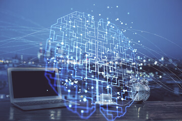 Double exposure of work table with computer and brain sketch hologram. Brainstorming concept.