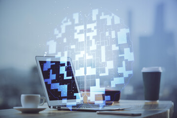 Technology theme drawing and work space with computer. Double exposure. Concept of innovation.
