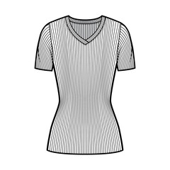 Ribbed V-neck knit sweater technical fashion illustration with short rib sleeves, tunic length. Flat outwear apparel template front, white color. Women, men, unisex shirt top CAD mockup