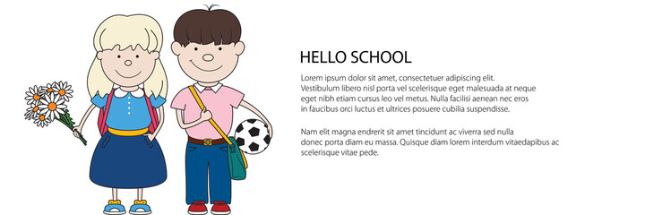 Little schoolboy with a ball in hand and a bag and schoolgirl with flowers and a backpack behind her, schoolchild isolated on white, back to school banner, vector illustration