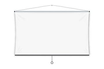 Projection screen. Isolated blank white hanging projection screen display. Vector education, visual presentation, business conference concept