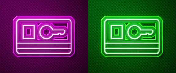 Glowing neon line Key card icon isolated on purple and green background. Vector Illustration.