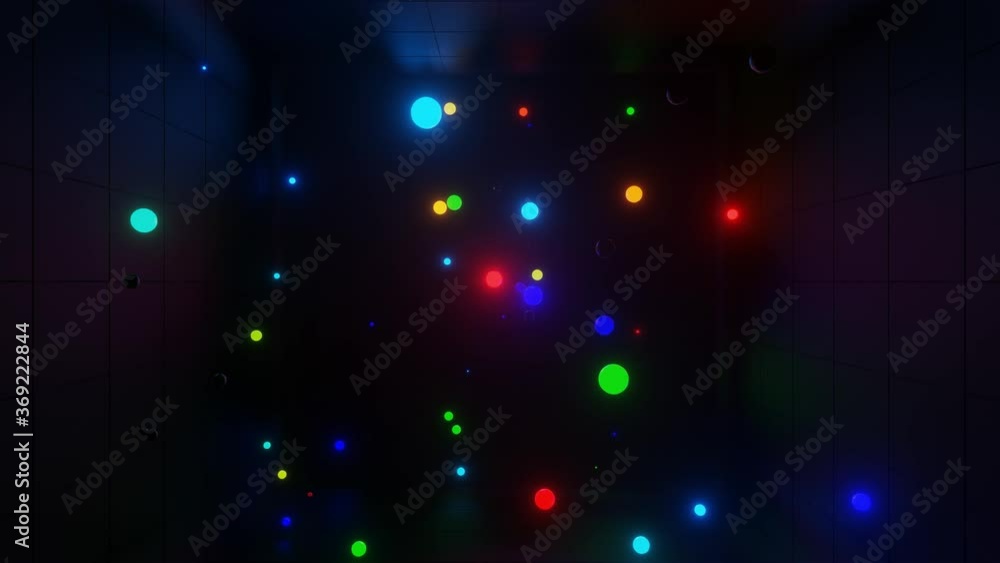 Poster 3d abstract creative animation background with neon glow multi-colored spheres inside camera, reflec