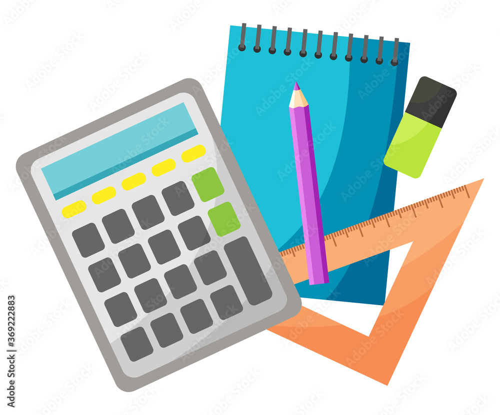 Poster calculating device vector, isolated notebook and pencil. mathematics lesson, eraser and textbook, pa
