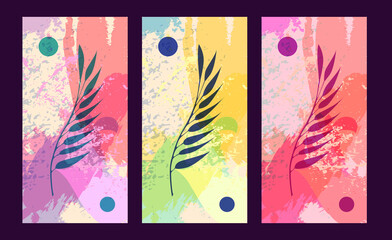 Fototapeta na wymiar multi-colored silhouette of abstract tropical leaves on a bright watercolor background . Perfect for logos, banners, postcards, stickers, and covers. EPS 10
