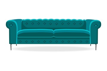 Chesterfield sofa. Isolated comfortable couch seat icon. Classic chesterfield style living room sofa front view. Vector interior soft furniture design, home, office or lounge decoration and comfort