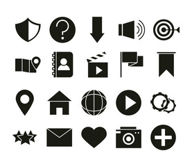 mobile application protection movie homepage world support volume camera like, web button menu digital silhouette style icons set