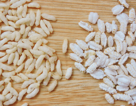 Puffed rice and popped rice in isolated background. 