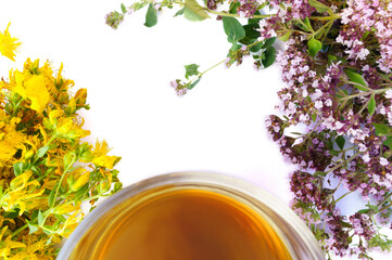 Bouquets of marjoram and tutsan with defocused glass of light yellow tea