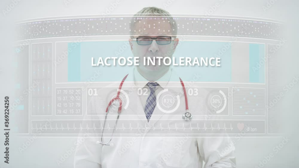 Poster doctor scrolls to lactose intolerance tab on a modern touchscreen display