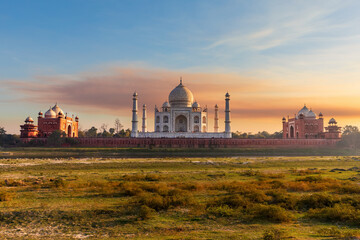 Fototapeta na wymiar Taj Mahal, view from the Yumana river at sunset, India, Agra