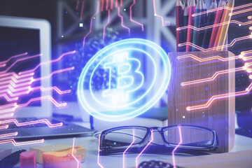 Crypto theme hologram with glasses on the table background. Concept of blockchain. Double exposure.