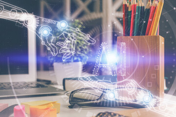 Data tech hologram with glasses on the table background. Concept of technology. Double exposure.