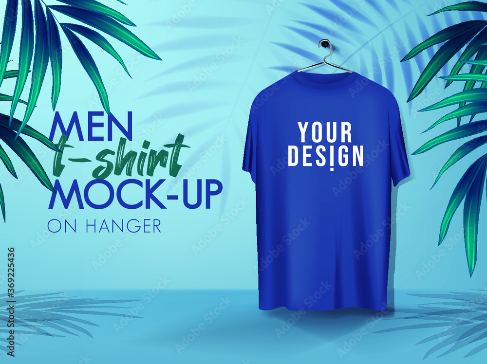Wall mural Men's basic t-shirts mockup set with wood and metal hanger. T-shirt designs, promotional souvenirs design for corporate identity.  - Wall murals